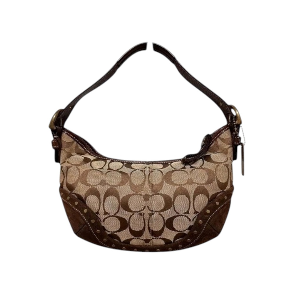 Coach Hamptons Studded Hobo Bag Signature Canvas Suede Brown Vintage 7057